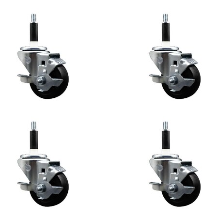 Service Caster 3'' SS Soft Rubber Swivel 7/8'' Expanding Stem Caster Set with Brake, 4PK SCC-SSEX20S314-SRS-TLB-78-4
